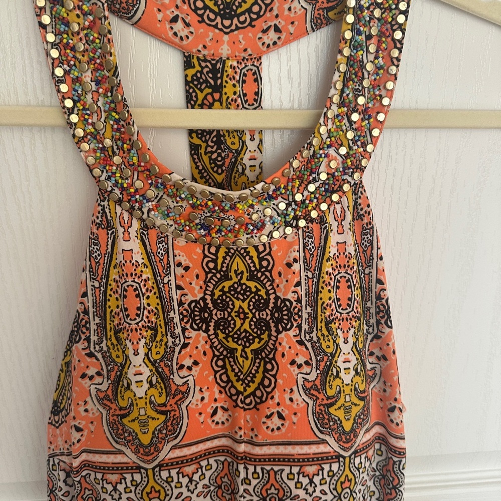 Embellished Orange and Yellow Patterned Women's summer dress built in bra .. INC